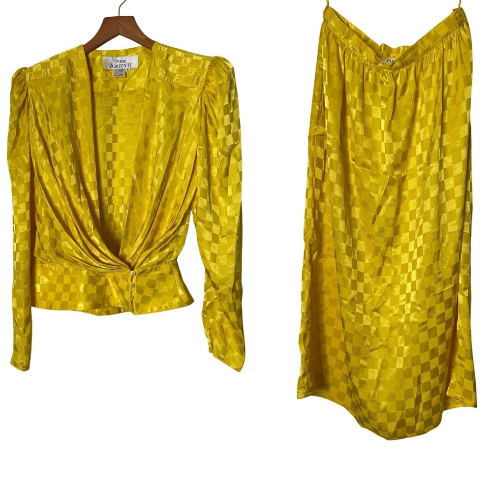 Vintage Pure Argenti Yellow Checkerboard Jacquard Skirt Set 80s Shoulder Pads